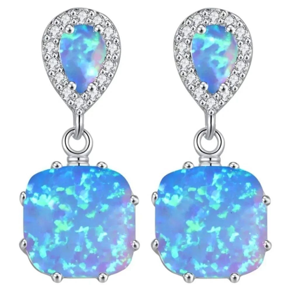 14K White Gold with Genuine Blue Fire Opal and Diamond CZ Post Back Earrings